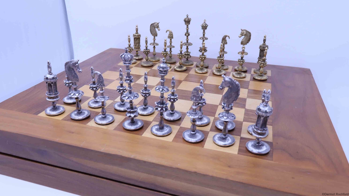 Vintage Firenze Silver and Gold Gilt Chess Set Selenus Form