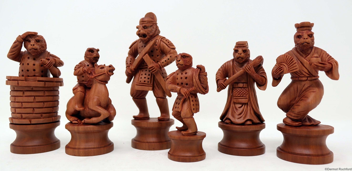 Antique Netsuke form warrior monkey Chess Set