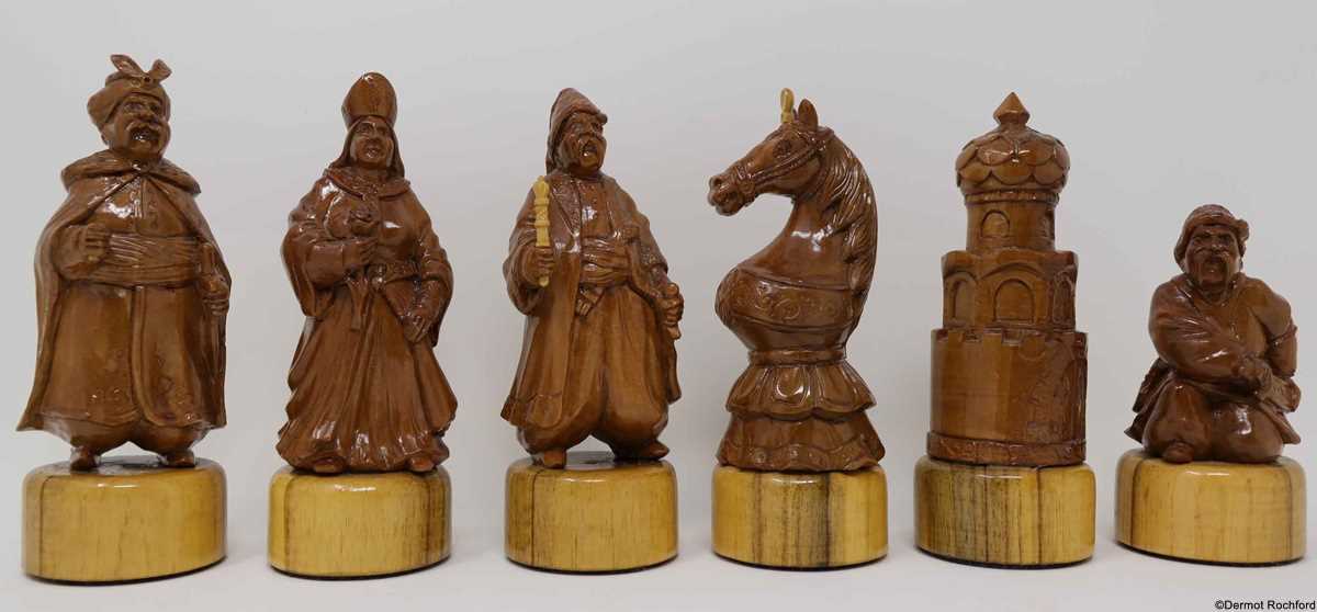 Vintage Soviet Carved Wood Chess Set